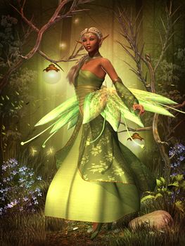 A fairy in a beautiful dress hovers over the magical forest on gossamer wings.