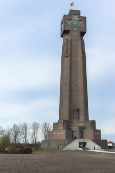 The Ijzertoren, (tower of iron) is the tallest World War I and peace memorial in Flanders, Belgium. In Diksmuide near Ypres along the Yser River. AVV-VVK stands for "All for Flanders, Flanders for Christ." The white characters at the bottom read "Never Again War" in two languages.