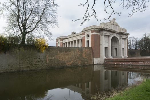 Menin Gate in Ypres, Ieper, Belgium on a rainy afternoon in March 2014.