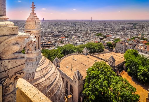 Cityscape of Paris from Sacre Coeur cathedral in dreamy postcard style, France