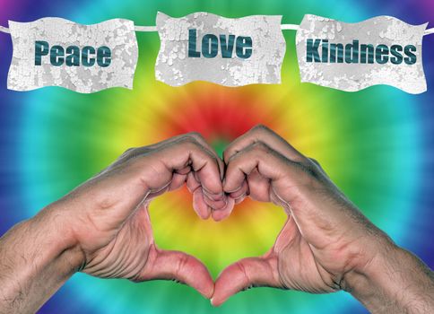 retro tie-dye background with heart hands for peaceful hippie concept