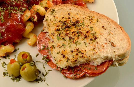 Italian salami sandwich with pasta
