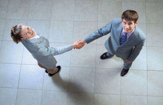 Business woman and businessman shaking hands, reach agreement