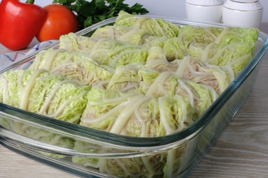 stuffed savoy cabbage in a glass pot

