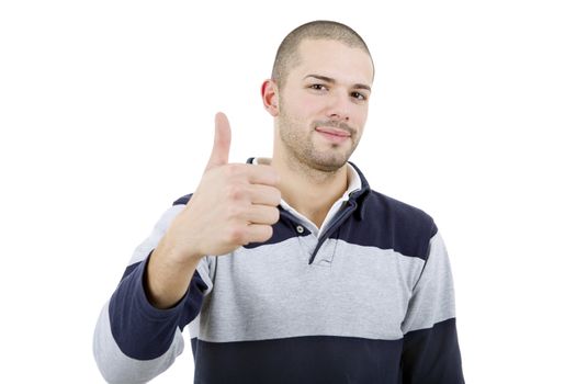 young casual man going thumb up, isolated on white