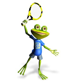 illustration a merry green frog tennis player