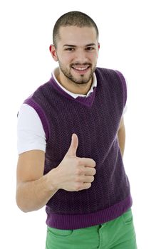 young casual man going thumb up, isolated on white