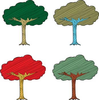 Set of four seasonal abstract trees on white background