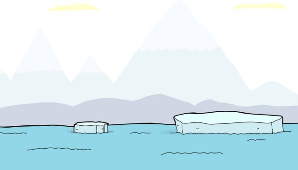 Floating chunks of icebergs with mountains in background