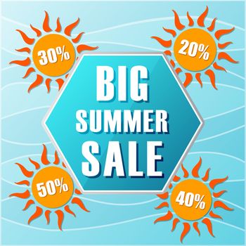 big summer sale text in blue hexagon and 20, 30, 40, 50 percentages off in orange suns, flat design label, business seasonal shopping concept banner