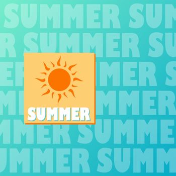 text summer and drawn sun in orange and yellow over blue background, flat design label