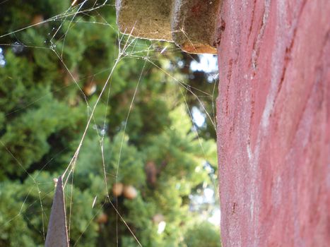 Spiderweb between iron cape and old wall in the sunlight