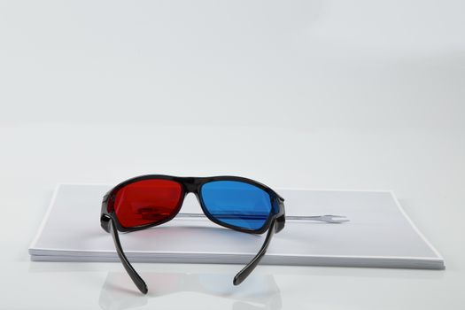 3D Print: black 3D anaglyphic Red Blue glasses and paper printed wrench