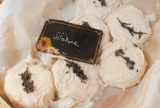 Fresh goat cheese on Provence market of South France, gourmet dairy product