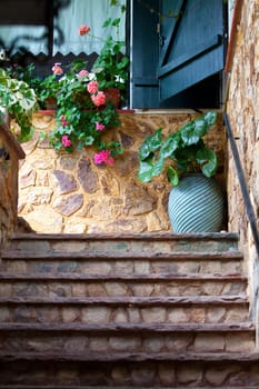 Summer Study on the stone stairs with a flower pot, Spain
