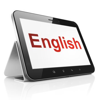 Education concept: black tablet pc computer with text English on display. Modern portable touch pad on White background, 3d render