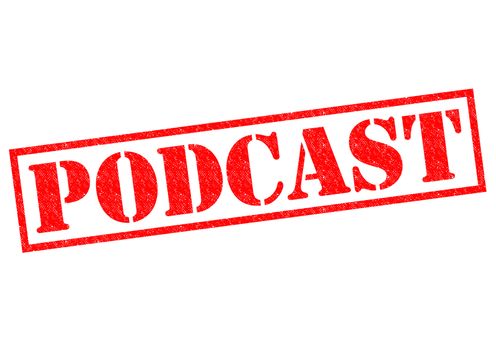 PODCAST red Rubber Stamp over a white background.