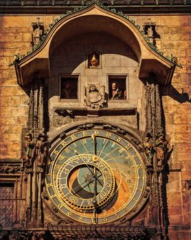 Orloj astronomical clock in Prague in Czech Republic, dark colors