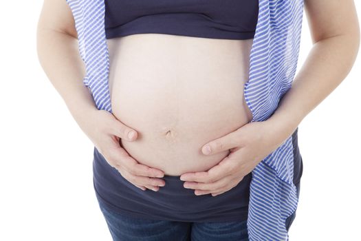 Closeup of pregnant woman at white background