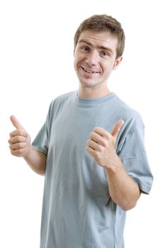 young casual man going thumb up, isolated on white