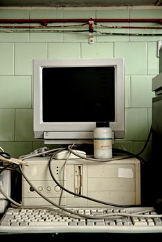 Old vintage computer in the laboratory closeup