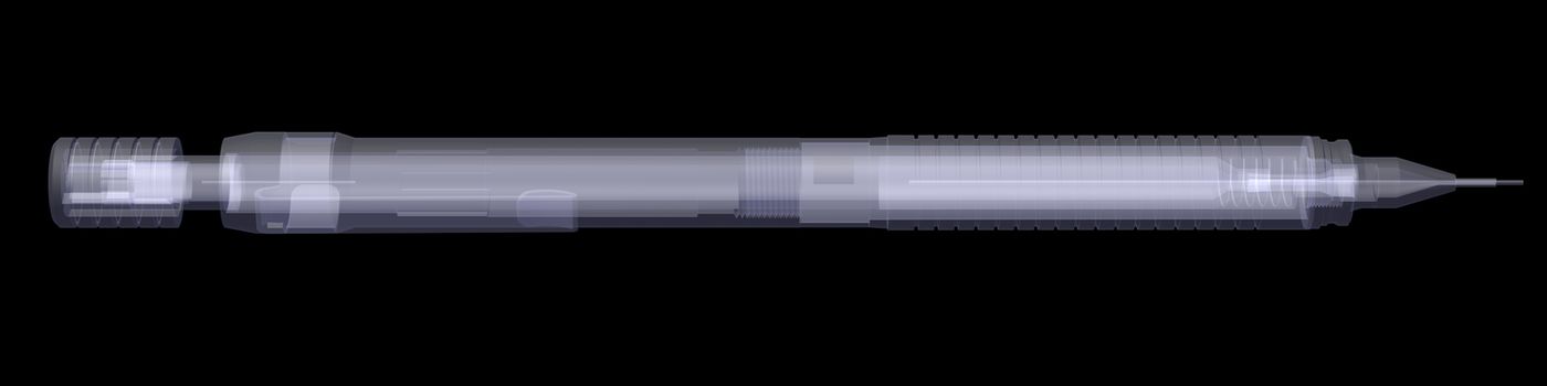 Automatic pencil. X-ray render isolated on black background