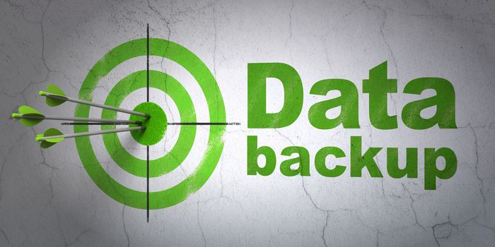 Success Information concept: arrows hitting the center of target, Green Data Backup on wall background, 3d render