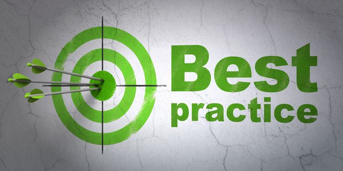 Success Education concept: arrows hitting the center of target, Green Best Practice on wall background, 3d render