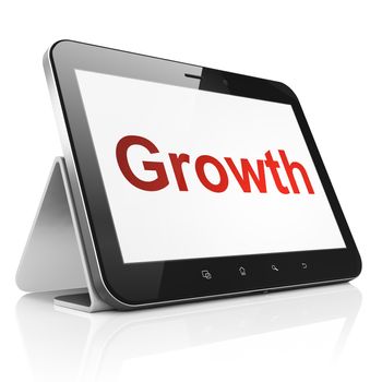 Business concept: black tablet pc computer with text Growth on display. Modern portable touch pad on White background, 3d render