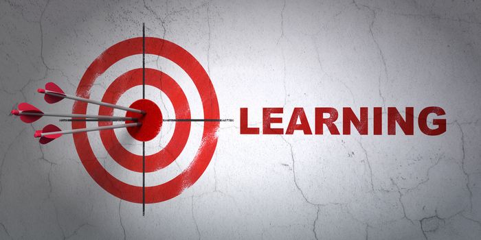 Success Education concept: arrows hitting the center of target, Red Learning on wall background, 3d render