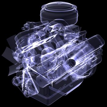 Diesel engine. X-ray render isolated on black background
