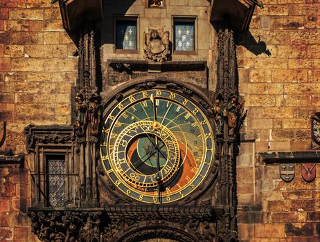 Orloj astronomical clock in Prague in Czech Republic, dark colors