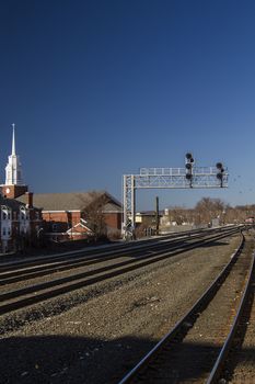 Train track passing through a Boston suburbs