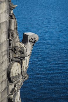 Close up view of a Boston bridge gargoyle