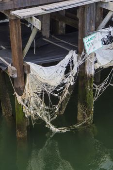 decrepit pier in green water with torn tarp