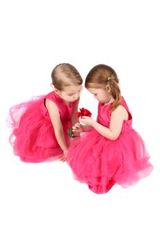 Two little girls in pink dresses holding a red rose