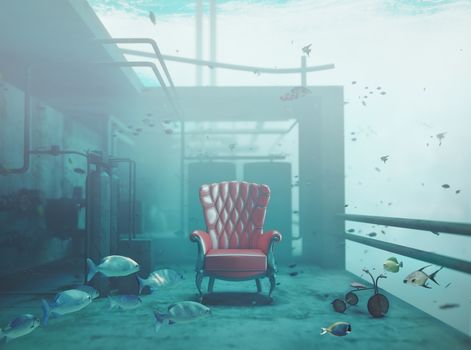 red luxury armchair underwater. CG and photo compilated concept