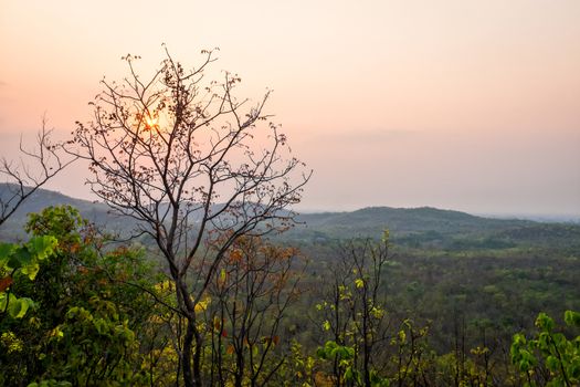 sunset behind cloud at horizon of sky and mountain with tree in front of view