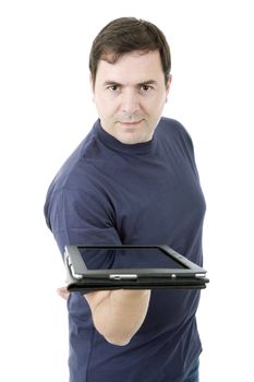 young casual man showing a digital tablet, isolated