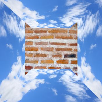 blue sky with white clouds in three-dimensional measurement and red brick wall