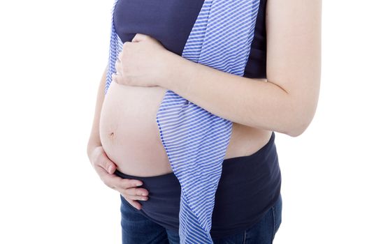 Closeup of pregnant woman at white background