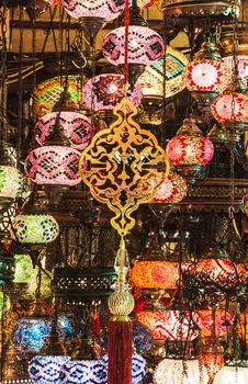 hanging lanterns inside the Grand Bazaar in Istanbul, Turkey