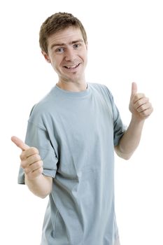 young casual man going thumb up, isolated on white