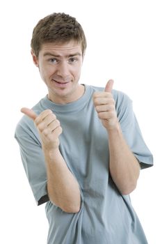 young casual man going thumb up, isolated on white