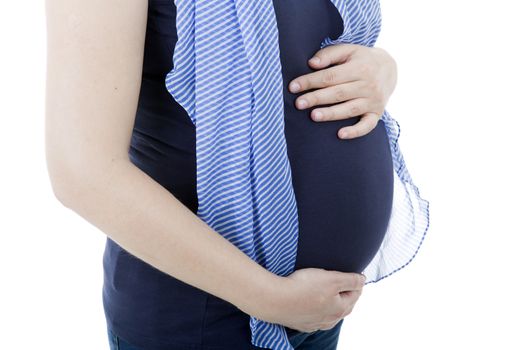 Closeup of pregnant woman at white background