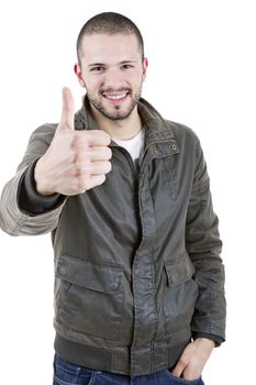 young casual man going thumb up, isolated on white