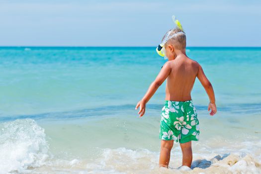 Summer vacation - Portrait of happy boy in face masks and snorkels, sea in background.
