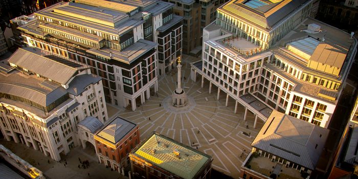 Aerial view of buildings at Paternoster Square, London, England