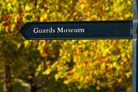 Low angle view of sign of Guards Museum, London, England