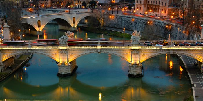 Aerial view of bridge across a river, Ponte Sant'Angelo, Rome, Lazio, Italy